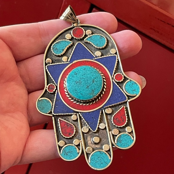 Ethnic Gemstone Tibetan silver Hamsa pendant - Picture 8 of 8